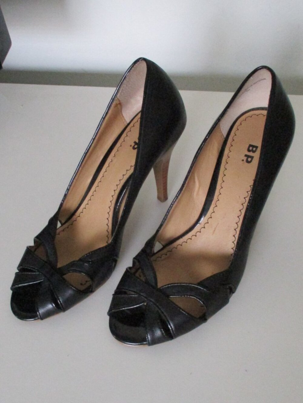 Nordstrom BP. "Daniella" Womens Black Leather 3.5" Heel Peep Pump Shoe - Size 6M